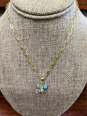 Chain Necklace W/Turquoise & Clear Beads-Gold