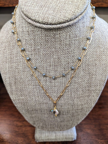 2 Tiered Chain Necklace W/Mother Of Pearl & Smokey Quartz Beads-Gold