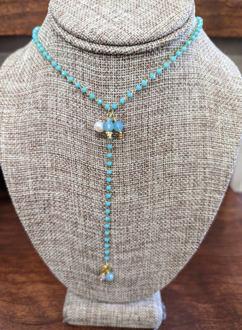 Aquamarine Lariat W/Mother Of Pearl Beading Necklace