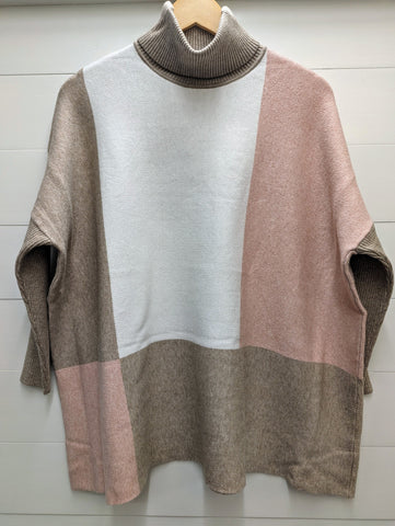 Knit Colorblock Poncho Pink/Tan/Ivory