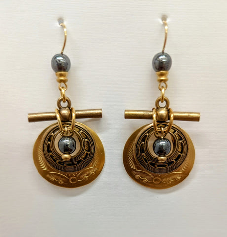 Gold Double Circle Earrings-Black/Mother Of Pearl