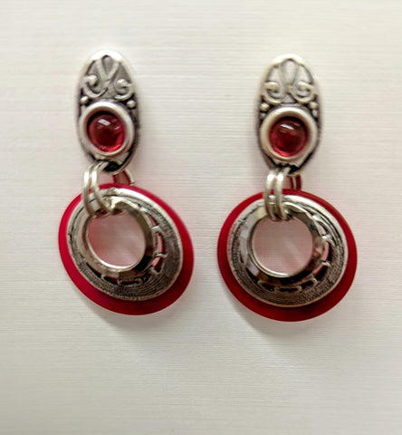 Silver Circle Earrings W/Red Disks