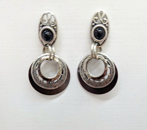 Small Silver Double Circle Earring W/Black Beads