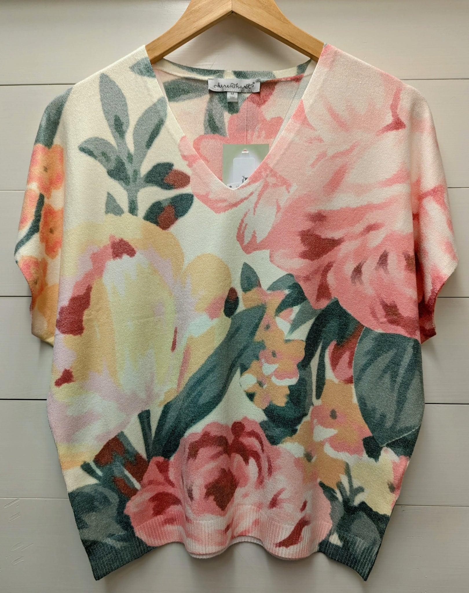Floral S/S V-Neck Sweater-Pink