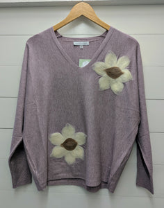 Floral V-Neck Sweater-Lilac