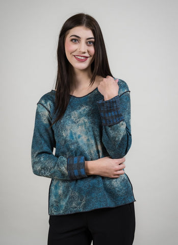 Reversible Plaid Scroll V-Neck Top-Turquoise