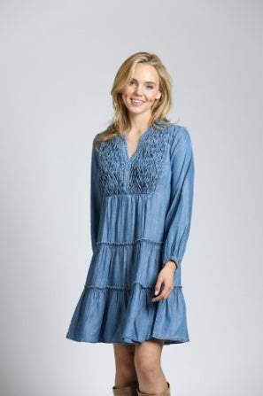 Tencel Dress W/Smoked Tuck Detail-Medium Indigo