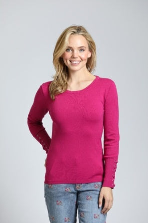 Crew Neck Sweater W/Grommet Sleeve Detail-Raspberry