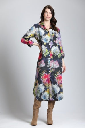 Printed Shirt Dress-Black Multi