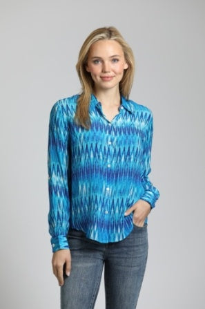 Button-Up W/Roll Sleeve Top-Blue