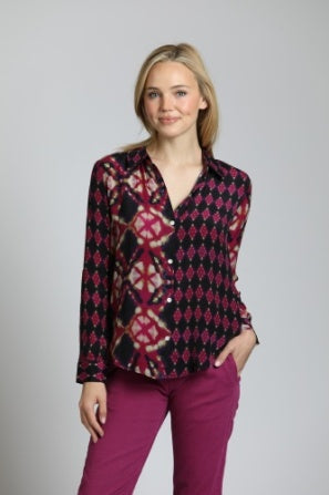 Button-Up Top W/Roll Up Sleeve-Bordeaux/Black