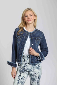 Collarless Jean Jacket W/Frayed Detail-Indigo