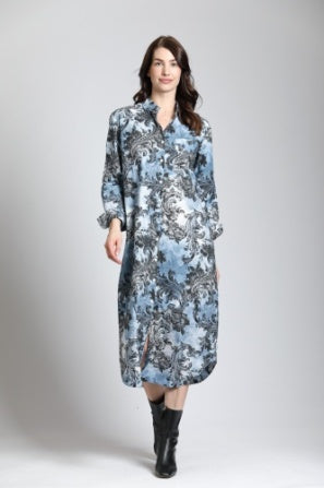 Printed Shirt Dress-Blue Multi