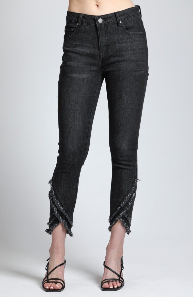 Liberty Double Layer Frayed Tulip Hem Skinny Leg Jean-Black