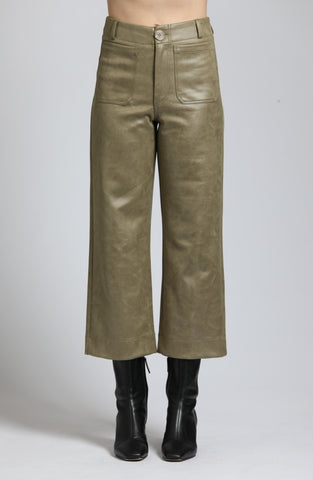 Vegan Leather Wide Leg Pant-Olive