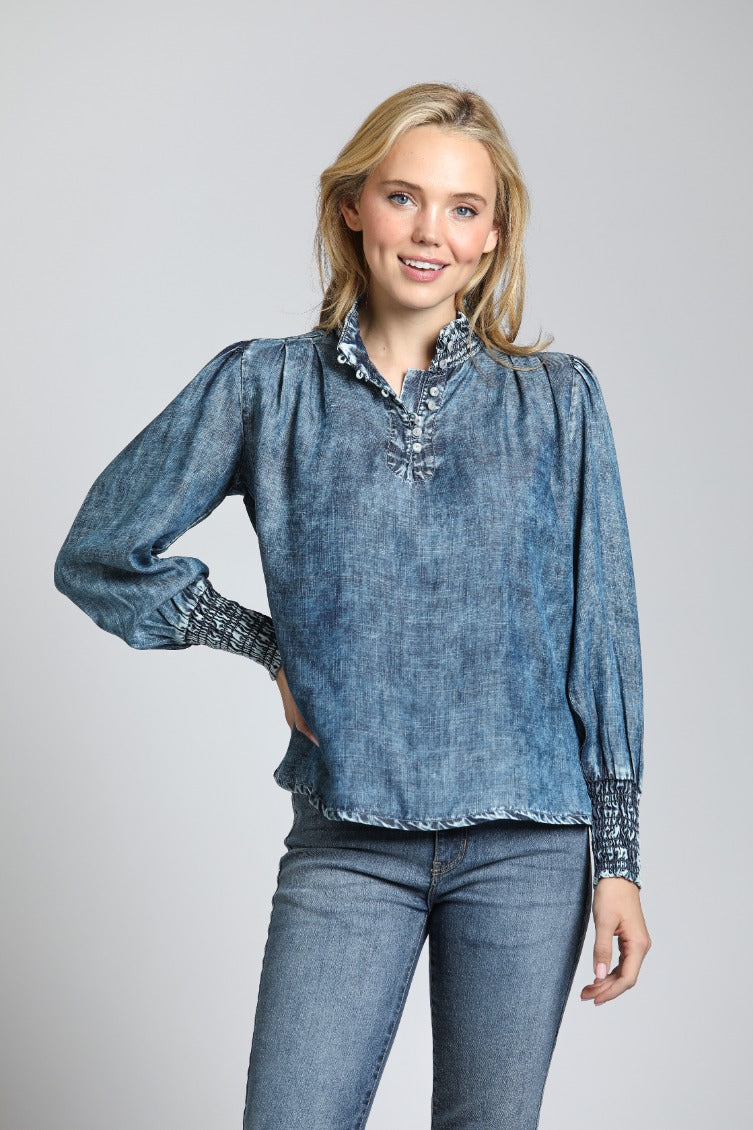 Moon Wash Top W/Ruched Collar & Cuffs-Denim