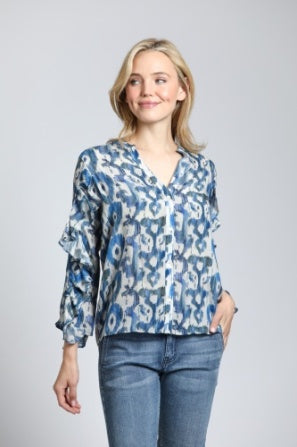 Ruffle Sleeve Split Neck Blouse-Blue