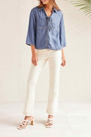 Elbow Sleeve Pop Over Blouse-Dk Chambray