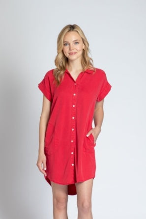 Pocket Shirt Dress-Red