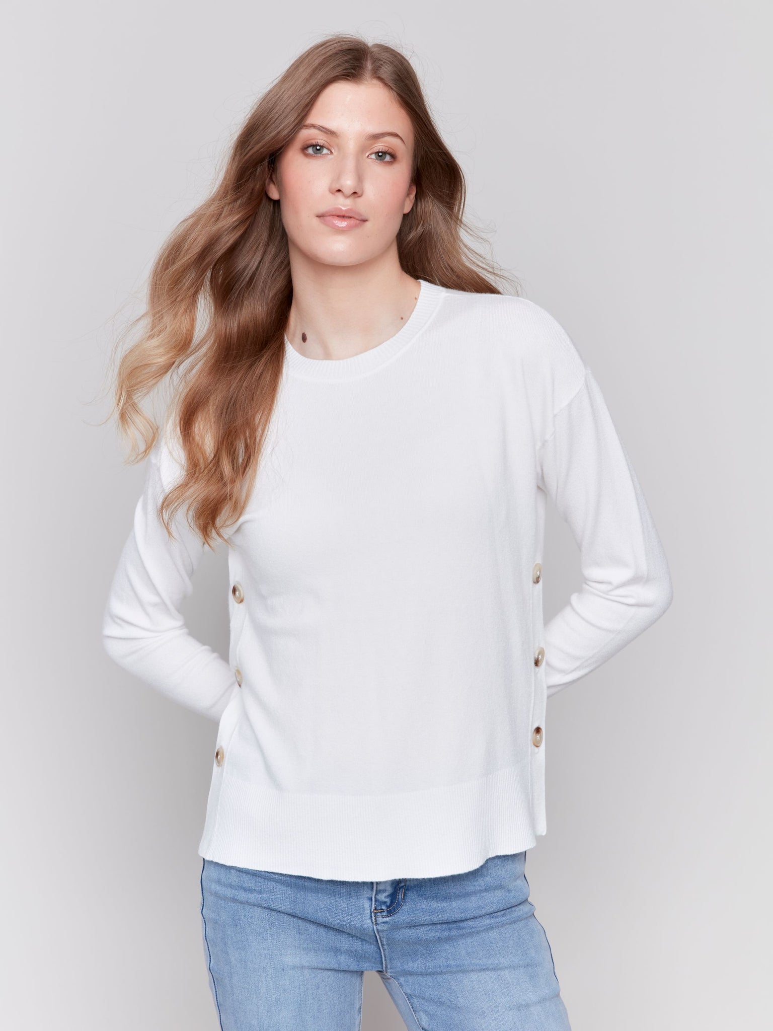 Crew Neck Drop Shoulder Sweater W/Side Button Details-Cream