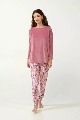 Floral Pink Silk Pajama Pants W/Pink Velour Top