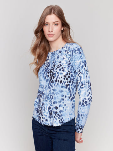 Printed Crew-Neck, Ripped Edges Drop Shoulder Plushy Sweater-Indigo