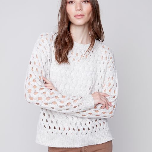 Plush Wavy Net Stitch Sweater-Almond