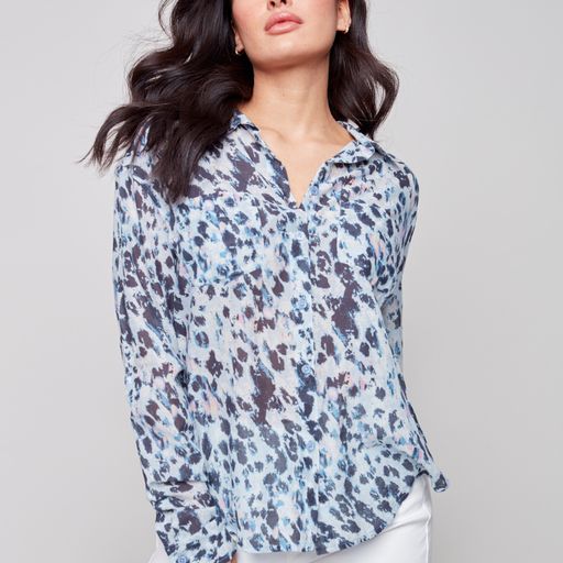 Printed Cotton Voile Button Down Top-Animal