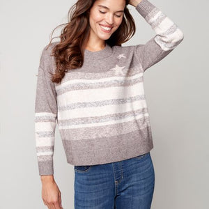 Drop Shoulder Crew Neck Sweater-Heather & Stars Design