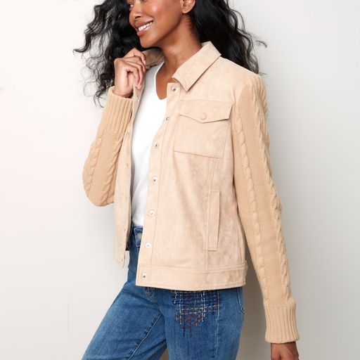 Faux Suede Jacket W/Cable Knit Sleeves-Natural